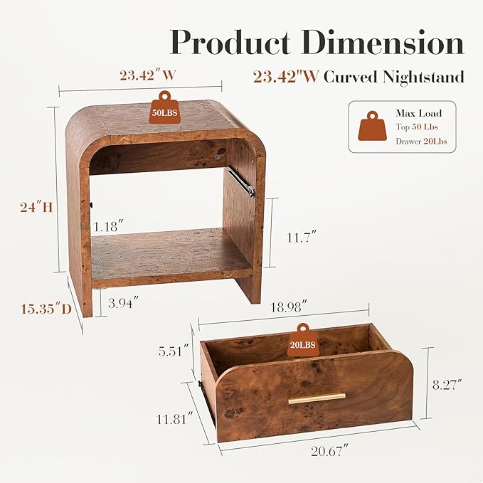 Night Stand [Unique Curved Profile] [FSC-Certified Wooden Board] 1-Drawer and 1 Storage Shelf Nightstand 24" H Metal Handle Modern Bedside Table Side Table End Table