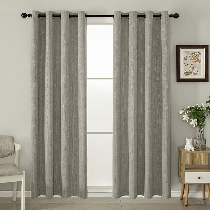 Jacquard Linen Curtains 63 inch Length 2 Panels Thick Faux Linen Blended Window Drapes Burlap Textured Curtains with Grommet for Living Room Bedroom Farmhouse (42x63 Light Khaki) Natural