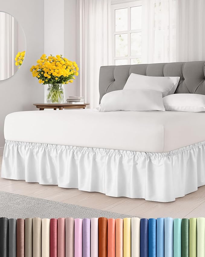 Wrap Around Dust Ruffle Bed Skirt - White - for Full Size Beds w/ 16 Inch Drop - Easy Fit Elastic Strap - Adjustable Pleated Bedskirt w/Brushed Fabric, Wrinkle & Fade Free Women, Men, Kids & Teens