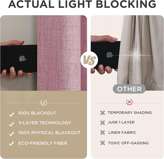 Joydeco Blackout Curtains for Bedroom - 96 Inch Long 100% Light Blocking 2 Panels Set Pink Drapes, Thermal Insulated Room Darkening Curtains, Linen Textured for Living Room, Rod Pocket & Back Tabs