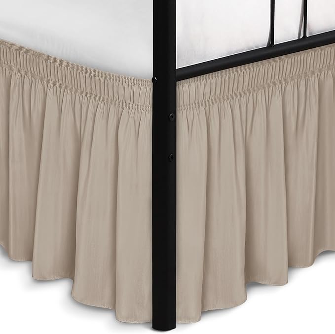 Biscaynebay Wrap Around Bed Skirts with Split Corners for Queen Beds 14" Drop, Light Camel Elastic Dust Ruffles Adjustable Easy Fit Wrinkle & Fade Resistant Silky Luxurious Fabric Machine Washable