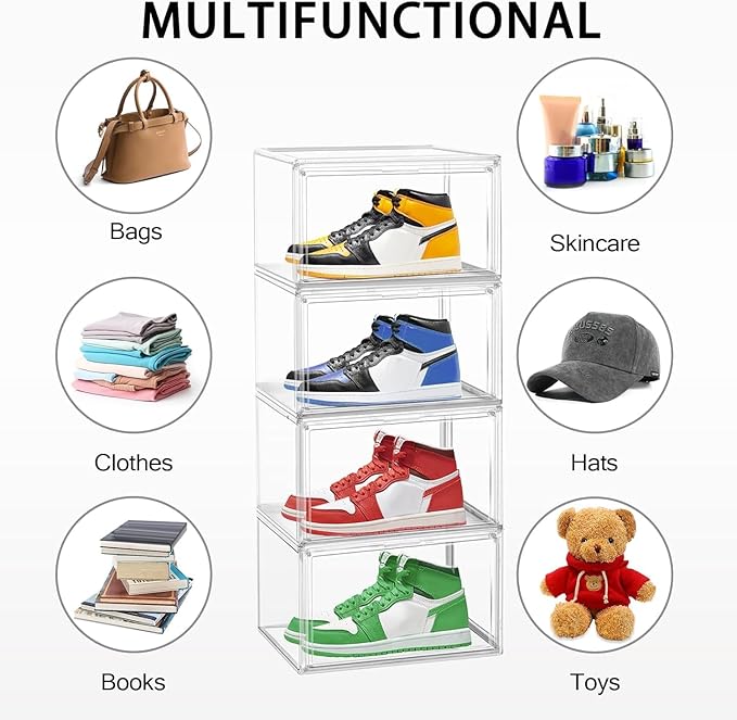 5 Pack Acrylic Shoe Box Size 14, Clear Plastic Stackable Sneaker Shoe Display Case Transparent Storage Bins Handbag Organizer Containers with Magnetic Lids, Figures Collectibles Showcase