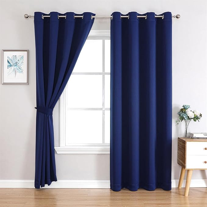 MIUCO Room Darkening Grommet Thermal Insulated Blackout Window Curtains Panels for Bedroom Set of 2 52x95 Inch Navy Blue, Bonus 2 Tie Backs Included