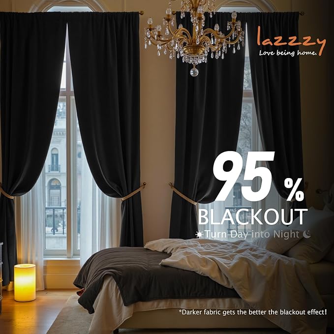 Lazzzy Velvet Blackout Curtains Thermal Insulated Room Window Drapes Super Soft Luxury Curtains for Living Room Bedroom Rod Pocket 2 Panels, Black, 52" W x 96" L