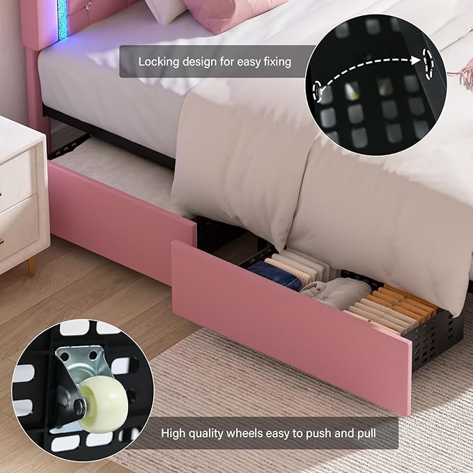 BarnFurin Queen Bed Frame with LED Lights, Upholstered Bed Frame with 4 Storage Drawers, Princess Platform Bed with Diamond Headboard and Footboard, No Box Spring Needed, Pink