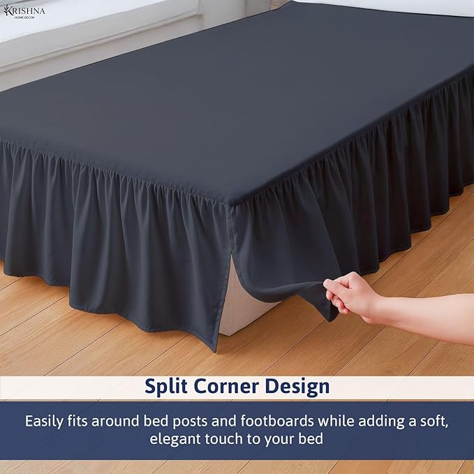 KRISHNA Ruffled Bed Skirt with Split Corners Full, 100% Microfiber Hotel Quality, 21 Inch Drop Dust Ruffle Gathered Bedskirt with Platform, 54" x 75", Dark Grey