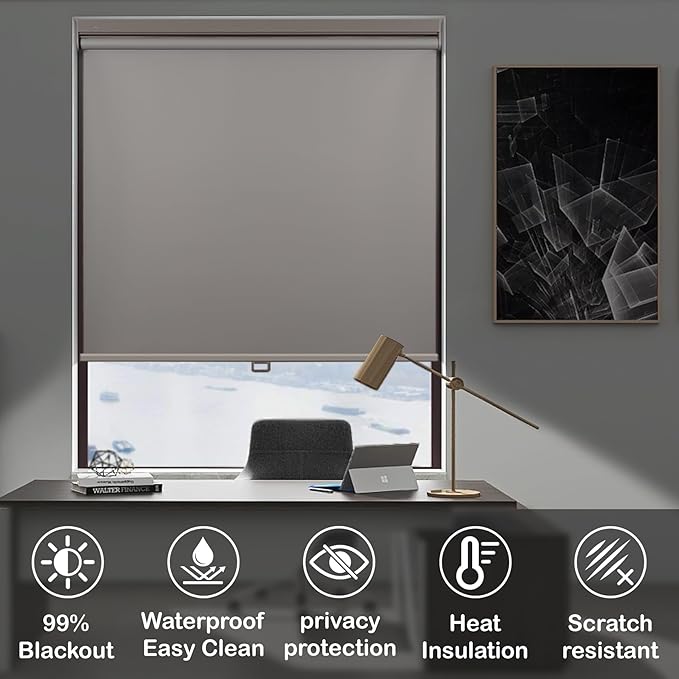 HESTIA No Drill Cordless Blackout Roller Shades Screwless Waterproof Shower Window Blinds, Auto-Retraction Easy Install Blind for Bathroom/Kitchen/Office/Exterior, Grey, 41" W x 54" H