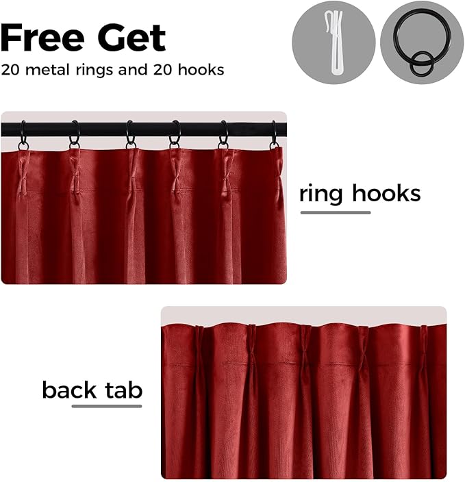 Pinch Pleated 100% Blackout Curtains for Bedroom, Red Velvet Curtains for Living Room, Black Out Curtain 84 inch Long Room Darkening, Blackout Pinch Pleat Drapes with Hooks 2 Panels
