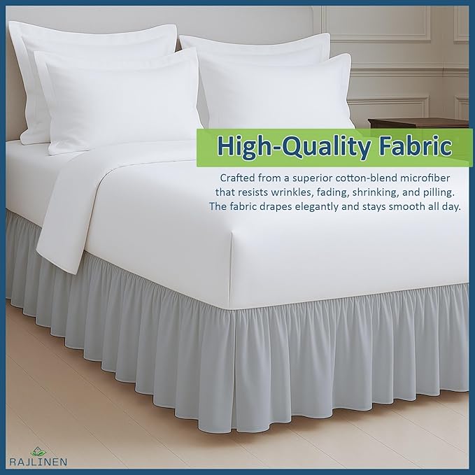 Rajlinen Ruffled Bed Skirt King, 10 Inch Drop Dust Ruffle with Split Corners, 100% Microfiber Bedskirt with Platform, Three-Sided Coverage Ruffled Gathering Design, Light Grey