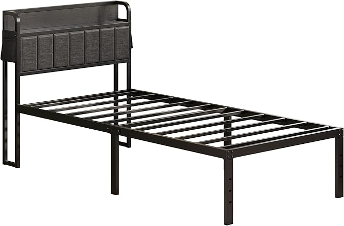 16 Inch Twin Bed Frames with Upholstered Storage Headboard, Heavy Duty Twin Platform Bed No Box Spring Needed, Noise Free, Easy Assembly, Gray