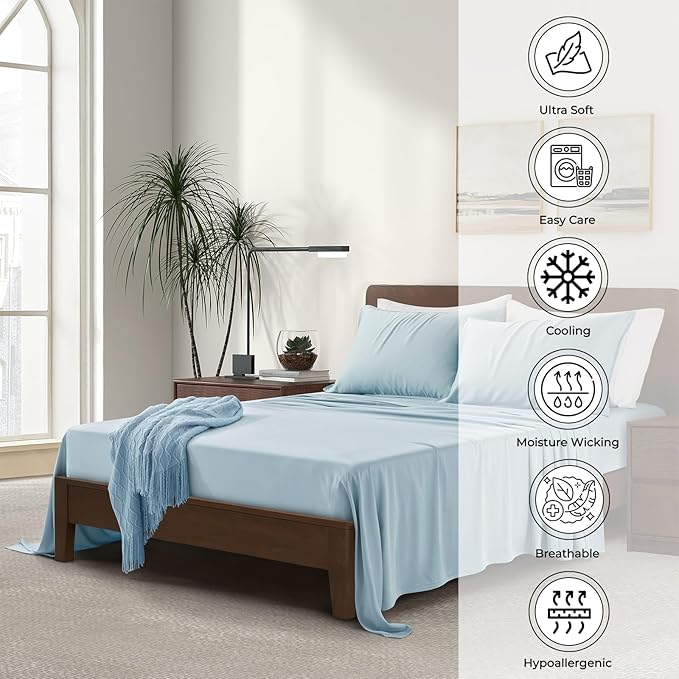Luxury Bamboo Market | Queen Size Bed Sheet Set | 100% Viscose Made from Bamboo | Organically Grown | Ultra Soft | Cooling Sheets for Hot Sleepers | 17" Deep Pocket [Spa Blue]