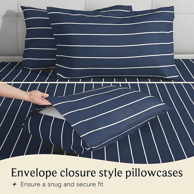 LuxClub 4 PC King Sheet Set, Deep Pockets Wrinkle Free Cooling Bed Sheets Hotel Bedding for Women, Men, Includes 1 Fitted Sheet, 1 Flat Sheet and 2 Pillowcases-Striped - Navy