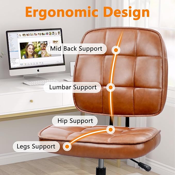 CLATINA Armless Home Office Chair with Lumbar Support and Wheels, Small PU Leather Ergonomic Low Back Desk Chairs No Arms, Adjustable Height 360° Swivel Rolling Computer Task Chair, Brown, 8 Pack