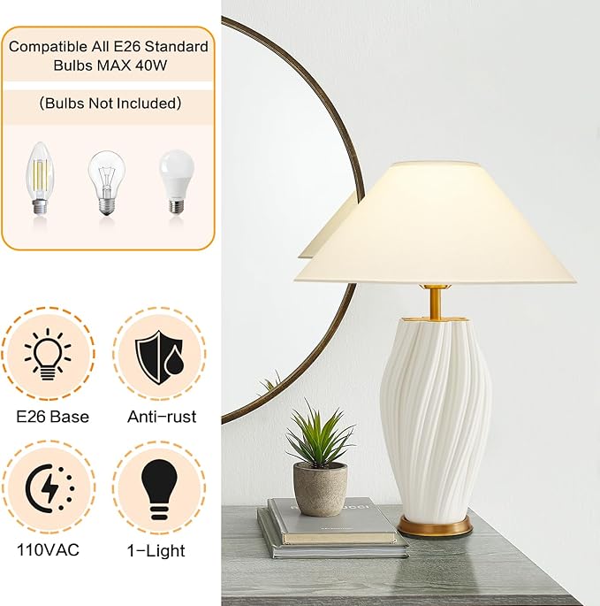 Modern Plug in Ceramic Table Lamps 24.5In, White Textured Table Lamp Tables Decorative for Living Room Bedroom Bedside Nightstand Room Office