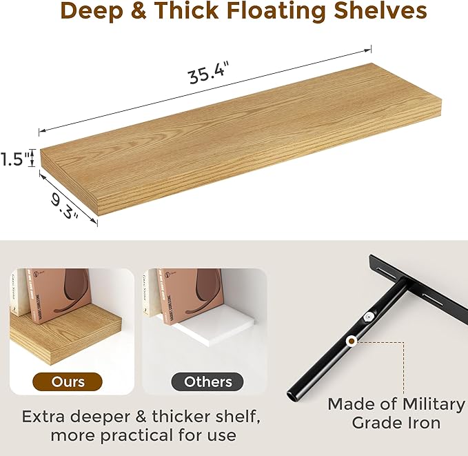 Fun Memories Floating Shelves for Wall, 36 x 9.3 Large Floating Shelf Wall Mounted Set of 2, Rustic Wood Shelves for Bathroom, Kitchen, Living, Heavy-Duty Storage Deep Shelf for Books, Decor, Oak