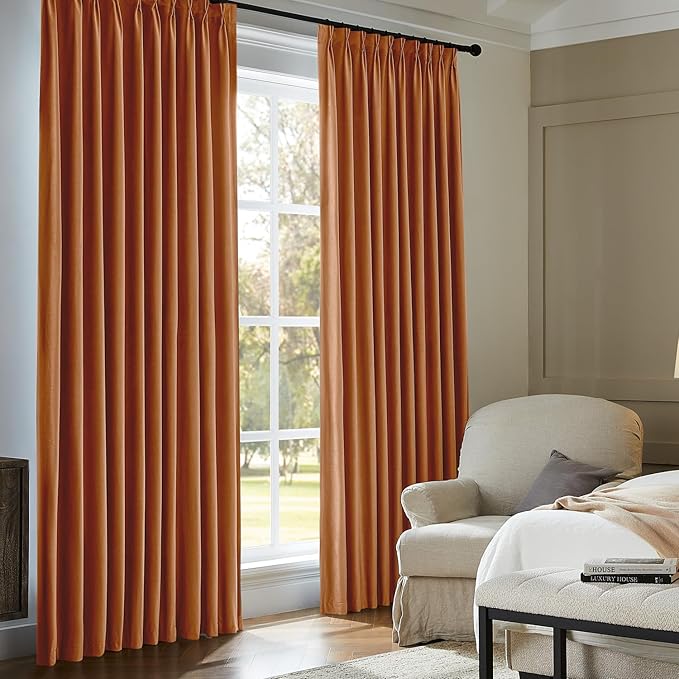 Pinch Pleated 100% Blackout Curtains for Bedroom, Yellow Velvet Curtains for Living Room, Black Out Curtain 84 inch Long Room Darkening, Blackout Pinch Pleat Drapes with Hooks 2 Panels