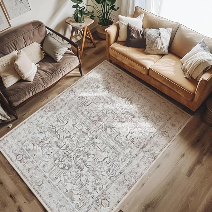 jinchan Lima Machine Washable Area Rugs 4x6 - Vintage Floral Stain Resistant Low Pile Ultra-Thin Non Slip Accent Rug for Bedroom Living Room Kitchen Dining Room Entryway (4x6ft, Taupe)