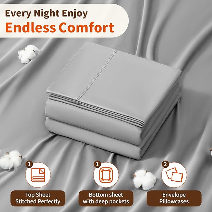 LBRO2M 100% Cotton Sheets Set Deep Pocket 24", 1000 Thread Count Queen Size 4 Piece Bed Sheet Sets Soft Comfortable Bedding All Season (Queen, Gray)