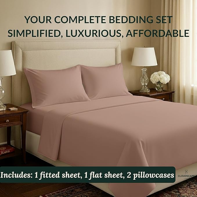 Cloud Scape Linen 100% Egyptian Cotton California King Sheet Set, 400 Thread Count,4 Pieces Luxury Bedding Set, Hotel Quality, Silky Soft, Breathable and Durable, Deep Pockets up to 17, Sepia Rose