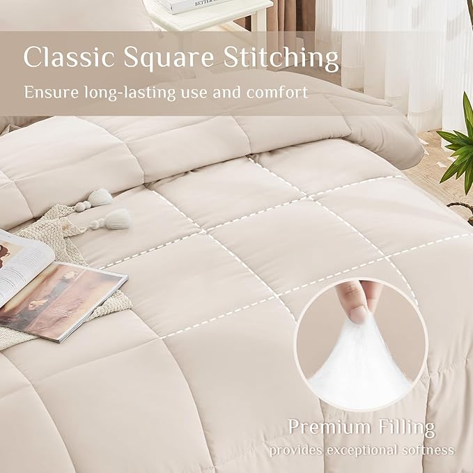 JOLLYVOGUE Queen Comforter Set, Ultra-Soft Bed in a Bag Queen Size 7 Pieces, Oeko-TEX Certified Bedding Set with Down Alternative Comforter, Sheets, Pillowcases & Shams, Beige