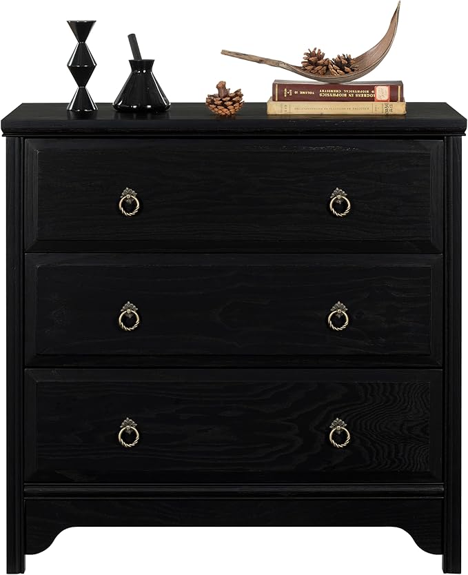 Chogori Solid Wood Dresser for Bedroom- Natural Wood Veneers & Water Based Paint Finished- Vintage Chests of Drawers, Small 3 Drawer Dresser (1, Black)