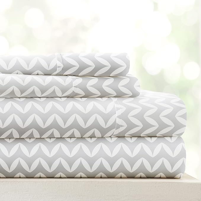 Linen Market Double-Brushed Patterned Microfiber California King Sheet Set 4 Piece – Oeko-TEX Certified Ultra Soft & Wrinkle-Free - 16" Deep Pocket Sheets Easy Care Cal-King Size - Chevron Light Gray