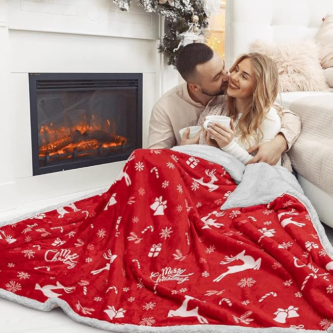 PAVILIA Red Reindeer Christmas Sherpa Throw Blanket, Ultra Soft Reversible Fleece Sherpa 60x80 Winter Blanket for Couch & Bed, Cozy Christmas Home Decor Holiday