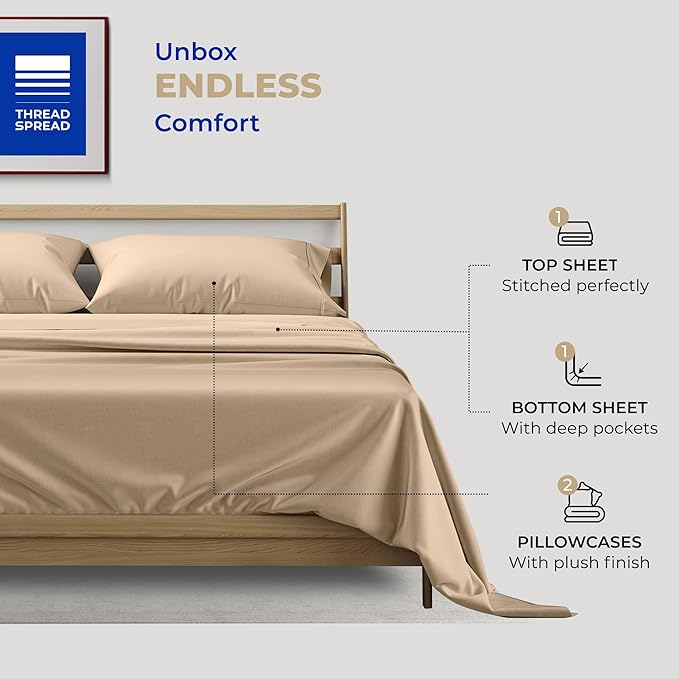 THREAD SPREAD 400TC California King 100% Cotton Bed Linen Set - 4Piece Sateen Sheet Set, Deep Pockets, Taupe (05)