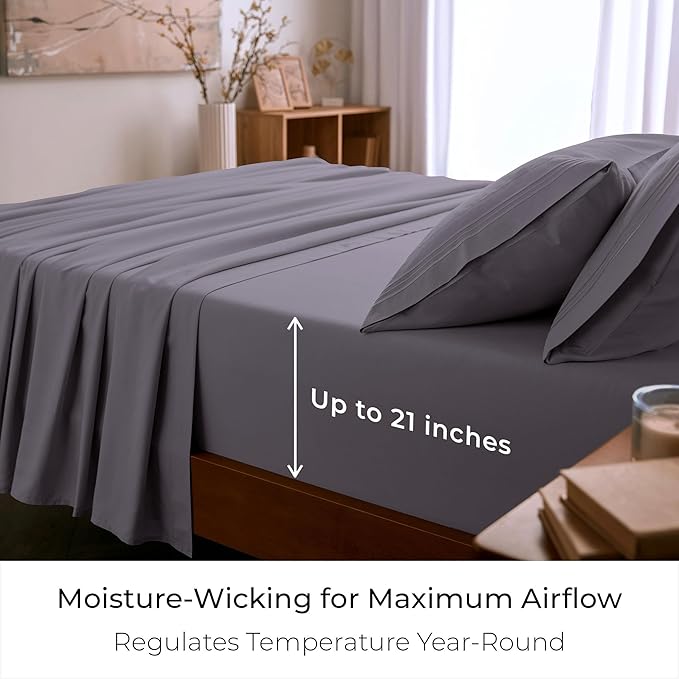 Mellanni Queen Sheet Set - 6-Piece Iconic Collection Bedding, (Including 4 Pillowcases), 21-Inch Extra Deep Pocket, Easy Care, Ultra Soft, Cooling Sheets, Brushed Microfiber - Hazy Lilac