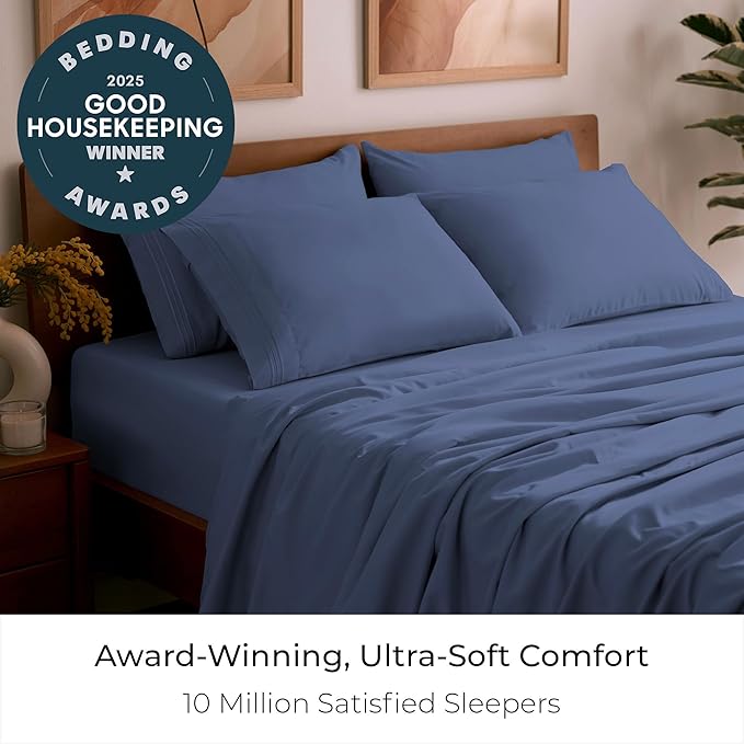 Mellanni Queen Sheet Set - 6-Piece Iconic Collection Bedding, (Including 4 Pillowcases), 21-Inch Extra Deep Pocket, Easy Care, Ultra Soft, Cooling Sheets, Brushed Microfiber - Blue Nova