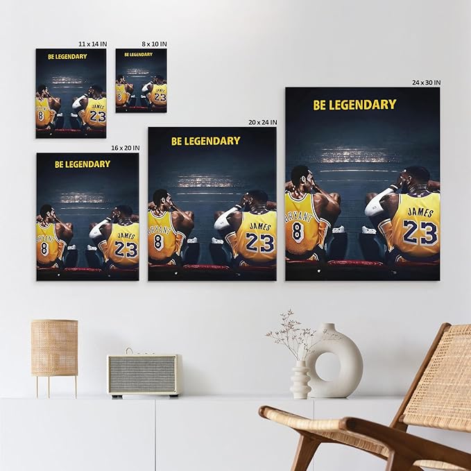 Kobe Bryant and LeBron James Canvas Wall Art Print Poster, Be Legendary Inspirational Sports Picture Artwork, Motivational Mamba Mentality Wall Decor for Home Office Gym Living Room, Framed 11x14inch