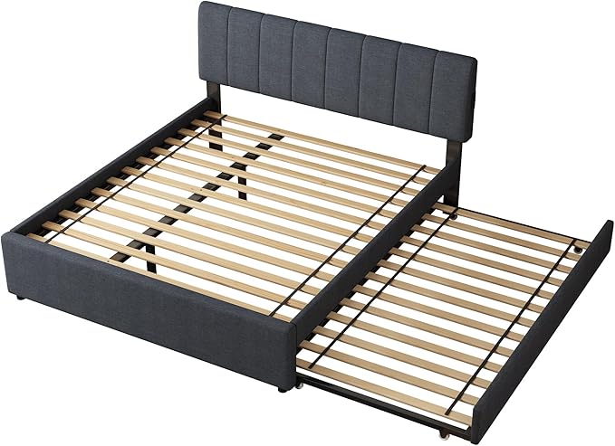Queen Size Upholstered Platform Bed with Trundle and 1 Sets of USB, Linen Fabric Full and Twin Double Bed w/LED Lights with APP for Bedroom,Dark Gray