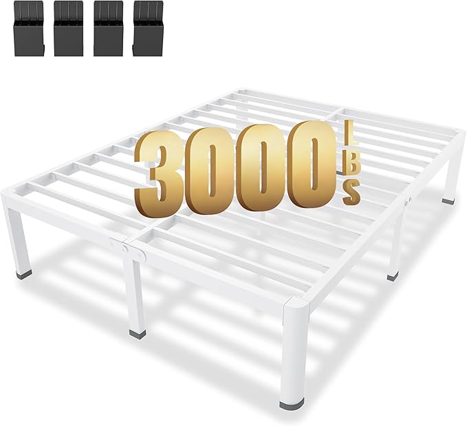 MAF 12 Inch Queen Metal Platform Bed Frame White with Round Corner Legs, Mattress Slide Stopper, 3000 LBS Heavy Duty Steel Slats Support, Noise Free, No Box Spring Needed, Easy Assembly