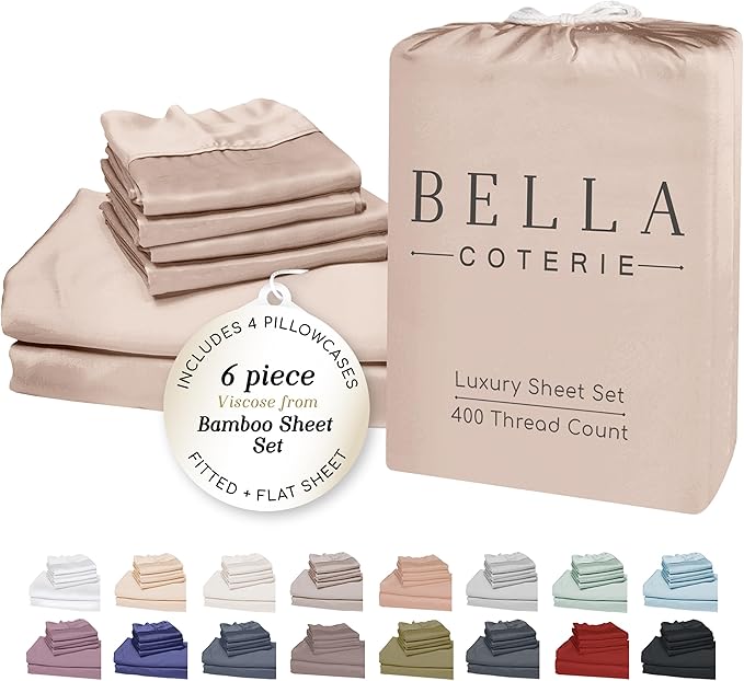 Bella Coterie 6 Piece Luxury Bamboo Viscose King Size Sheet Set | 100% Organically Grown | Cooling for Hot Sleepers | 18" Deep Pocket | Soft & Hypoallergenic | 4 Pillowcases [Dusty Rose]