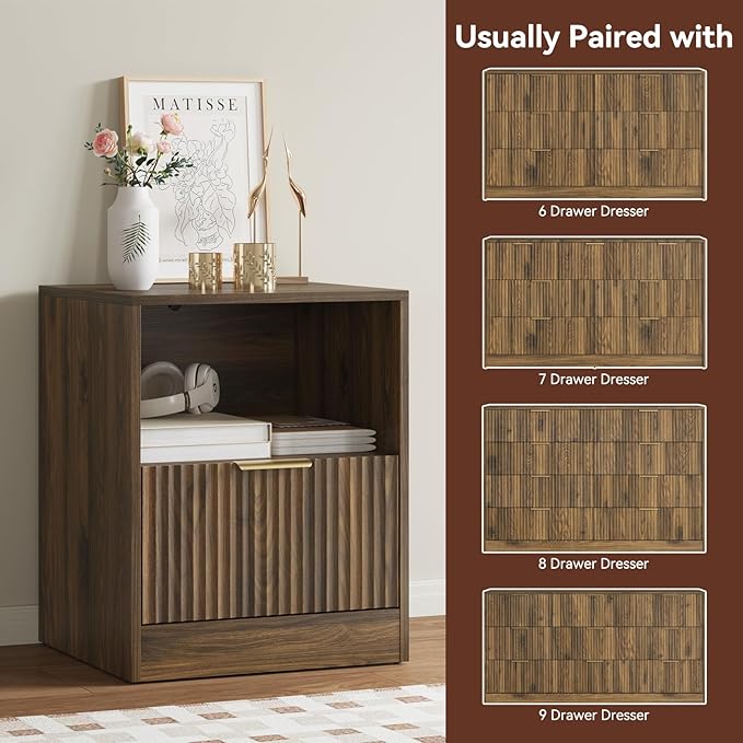 Fluted Dresser & Nightstand Set 3-Piece, 7 Drawer Dressers and Night Stand Set of 2 with Metal Handle, Fluted Mid Century Wood Chest of Drawers Storage Dressers Set for Bedroom, Walnut