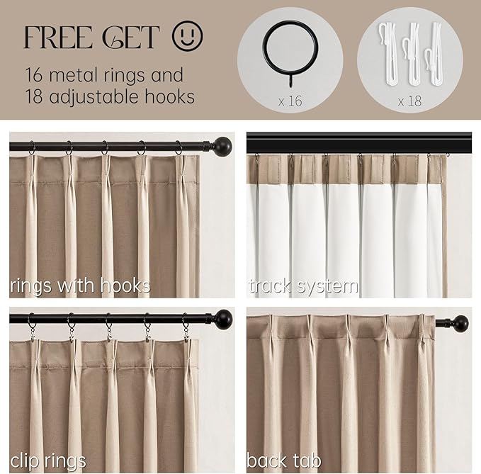 Topfinel Pinch Pleated Curtains 90 Inch Long, 100% Blackout Thermal Insulated Natural Linen Pinch Pleat Viral Drapes with Hooks Rings 2 Panel Sets, Neutral Birch Ivory 7.5FT Back Tab Window Curtains