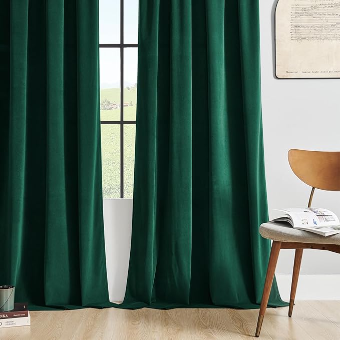 Joydeco Green Velvet Curtains 102 inch Length 2 Panels, Luxury Blackout Rod Pocket Thermal Insulated Window Curtains, Super Soft Room Darkening Drapes for Living Dining Room Bedroom,W52 x L102 inches