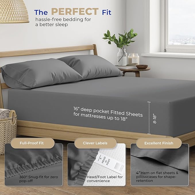 THREAD SPREAD 2-Pack Twin Cotton Sheets Sets - 400 Thread Count 100% Cotton Sateen Weave - Extra Soft, Breathable, Hotel Quality Cooling Sheets, 2 Sets of Twin Size Deep Pocket Bed Sheets (Dark Grey)