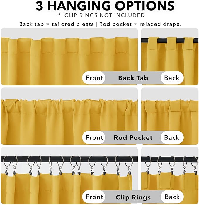 Deconovo Blackout Curtains for Bedroom Solid Room Darkening Rod Pocket and Back Tab Curtains 42Wx63L Inch Mellow Yellow 2 Panels