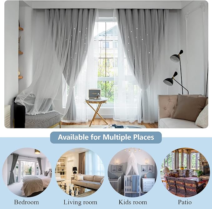 Star Double Layer Blackout Curtains for Bedroom & Kids, 84 Inch Long 2 Panel Set, Grey, 42 x 84 Inch