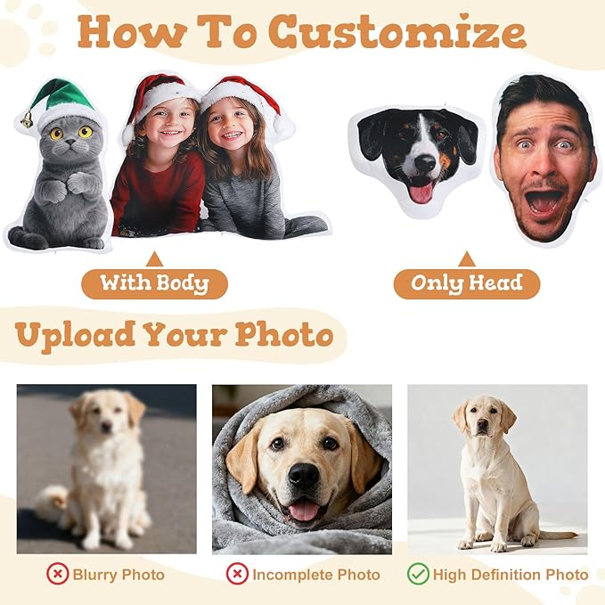 Custom4U Custom Pet Pillow with Picture Personalized Body Shaped Pillow Double Side Print Funny White Elephant Gifts for Adults (24inches)