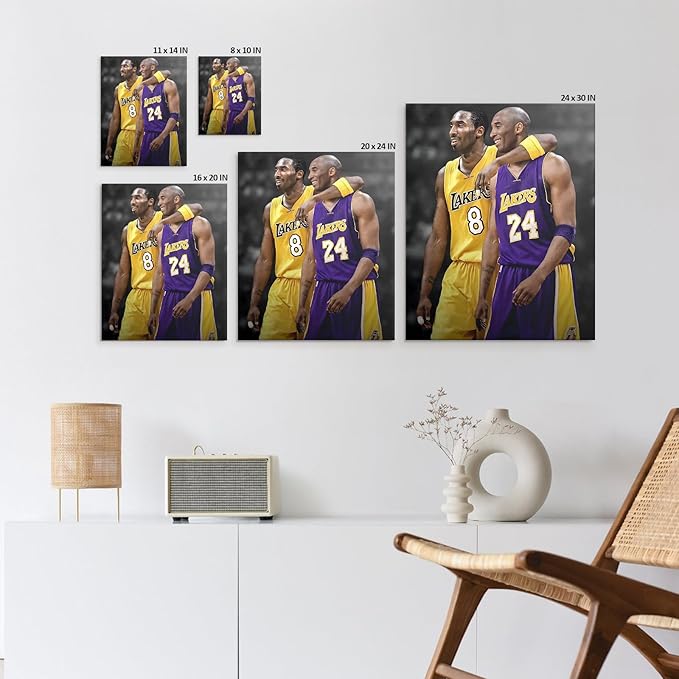 Kobe Bryant Canvas Wall Art Print Poster, Iconic Basketball Player Dual-Era Tribute Artwork, No. 8 and No. 24 Jersey Mamba Mentality Wall Decor for Home Gym Dorm Office Living Room, Framed 20x24inch