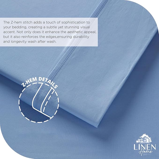 Linen Home 100% Cotton Percale Sheet Set, Twin Size, Baby Blue, Deep Pocket, 4 Pieces Set - 1 Flat, 1 Deep Pocket Fitted Sheet and 2 Pillowcases, Crisp Cool and Strong Bed Linen