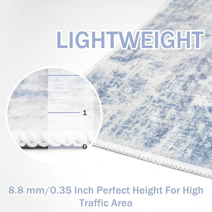 IOHOUZE Abstract Runner Rug 2x10 Ft Washable Runners for Hallways, Non Slip Kitchen Runner Printed Faux Wool Entryway Runner Indoor, Modern Abstract Floor Carpet for Hall Kitchen, Light Blue White