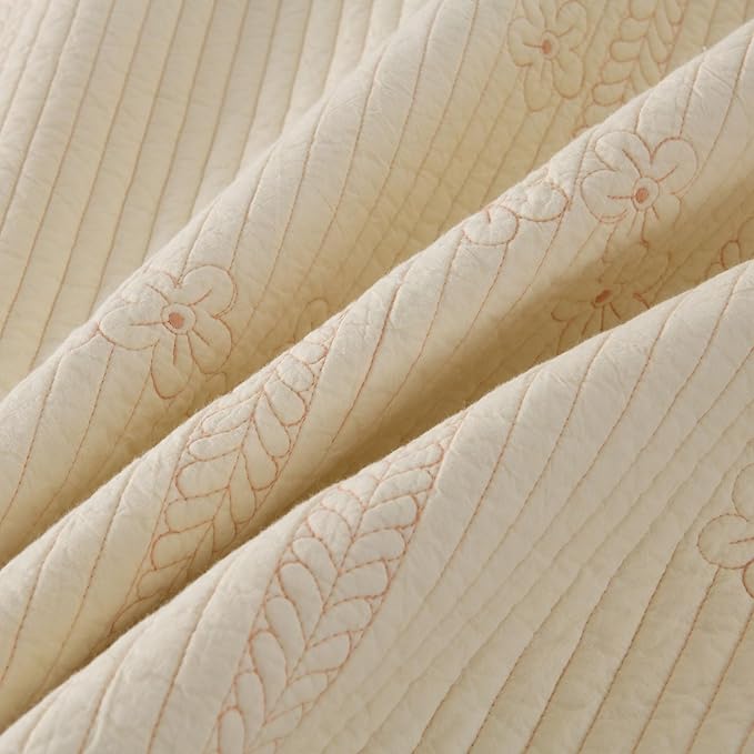 MarCielo 100% Cotton Quilt Set Lightweight Bedspread with Scalloped Edge, Farmhouse Vintage Bedding, All Season Use(Tu Beige,Queen (98"x102"))