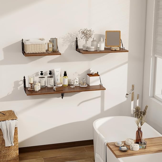 Dreamland Deep Floating Shelves, 16" W x 12" D Wall Shelves Set of 2, Wide Display Shelf Wall Mounted with Brackets, Bookshelf for Living Room, Bathroom, Bedroom, Walnut