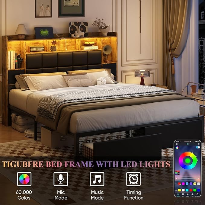 LED Bed Frame King Size with Bookshelf PU Leather Headboard, 2 Hidden Storage Drawers, Upholstered Platform Bed with Charging Station, Metal Slats Support, Noise Free, No Box Spring Needed