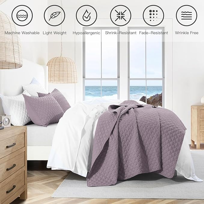 HORIMOTE HOME Quilt Twin Size Grayish Purple, Lightweight Quilt for Summer Ultra-Soft Microfiber Modern Style Quilted Clouds Pattern Bedspread Quit Set 2 Pieces (1 Quilt and 1 Pillow Sham)