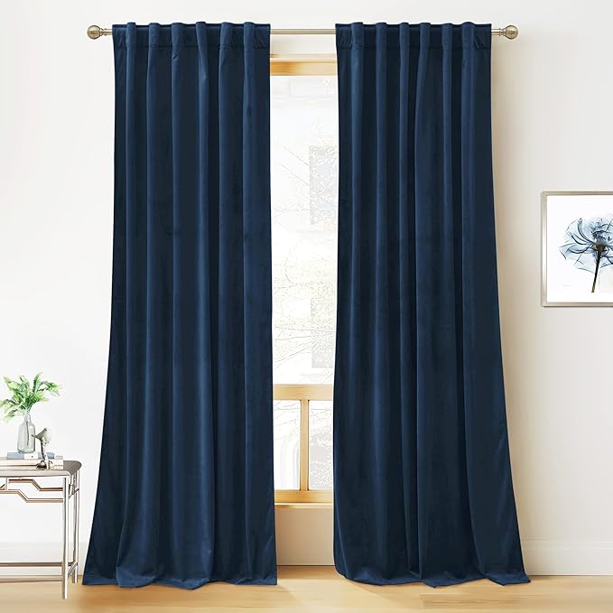 RYB HOME Velvet Curtains 108 inches - Blackout Curtains for Living Room,Thermal Insulated Noise Reducing Panel Soft Vertical Sense Window Decor for Cottage Farmhouse, Navy Blue, W52 x L108, 2 Panels