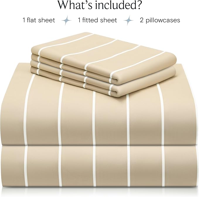 LuxClub 4 PC Full Sheet Set, Deep Pockets Wrinkle Free Cooling Bed Sheets Hotel Bedding for Women, Men, Includes 1 Fitted Sheet, 1 Flat Sheet and 2 Pillowcases-Striped - Cream